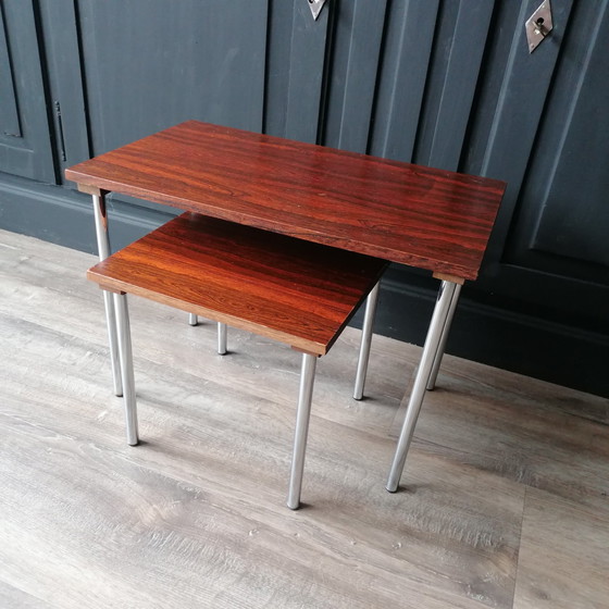 Image 1 of Mid Century Teak wooden Side Tables with Chrome legs