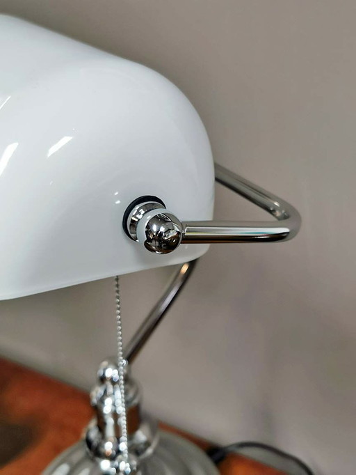 Banker's lamp, chrome white glass shade