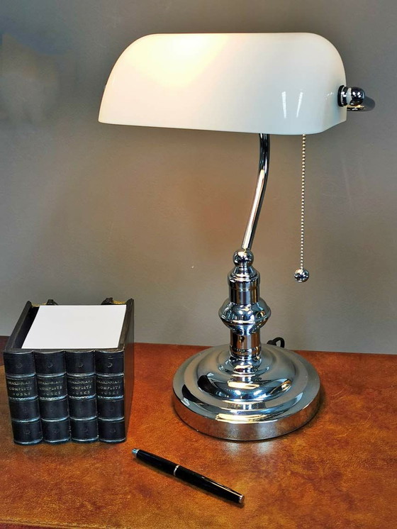 Image 1 of Banker's lamp, chrome white glass shade