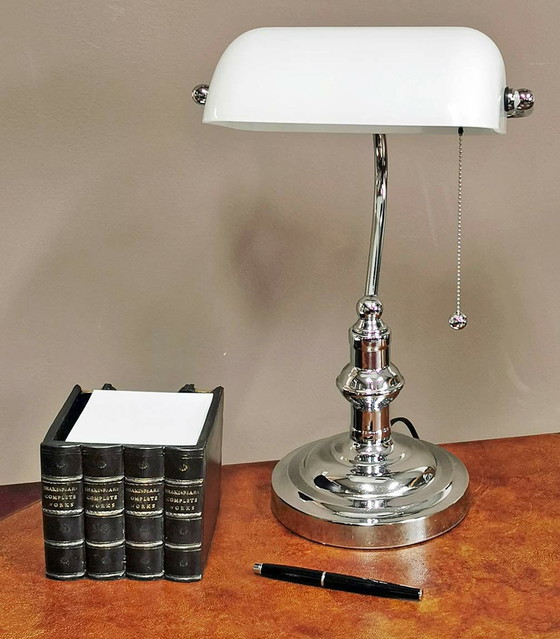 Image 1 of Banker's lamp, chrome white glass shade