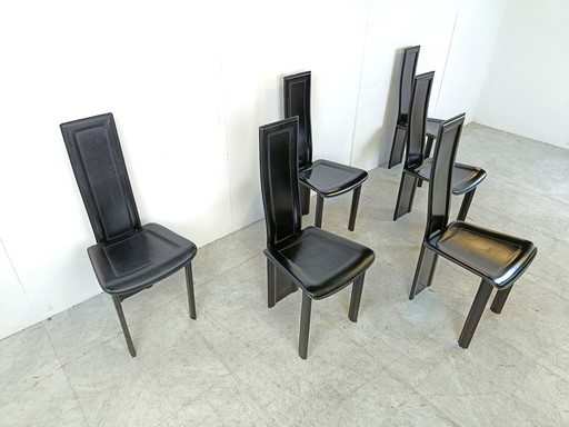 6x chaises de salle à manger vintage en cuir noir à haut dossier