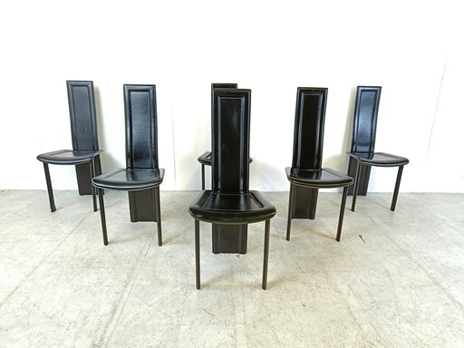 6x chaises de salle à manger vintage en cuir noir à haut dossier