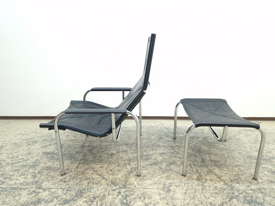 Image 1 of Strässle Hans Eichenberger Fauteuil design avec tabouret Ledersessel Chair