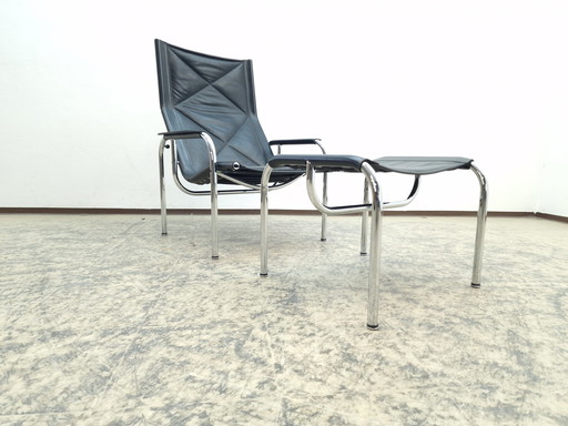 Strässle Hans Eichenberger Fauteuil design avec tabouret Ledersessel Chair