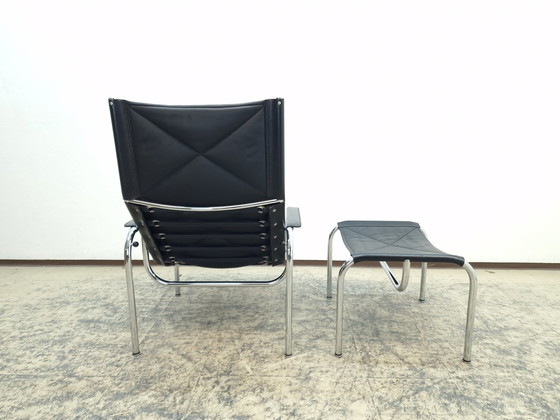 Image 1 of Strässle Hans Eichenberger Fauteuil design avec tabouret Ledersessel Chair