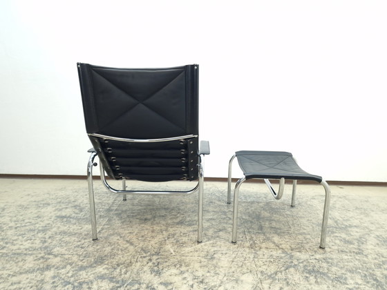 Image 1 of Strässle Hans Eichenberger Fauteuil design avec tabouret Ledersessel Chair