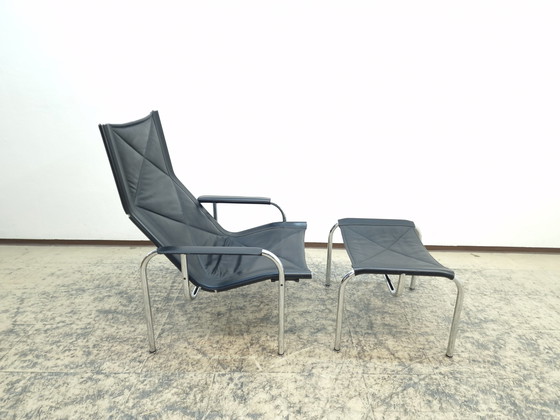 Image 1 of Strässle Hans Eichenberger Fauteuil design avec tabouret Ledersessel Chair