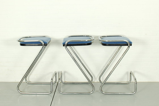 Image 1 of 3x Mid Century Italian Tubular Chrome Z Bar Stool