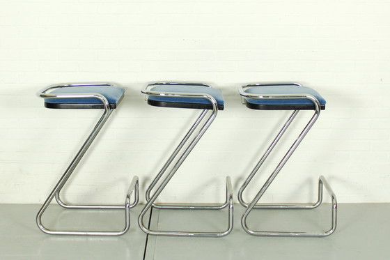 Image 1 of 3x Tabouret de bar en Z en chrome tubulaire, Mid Century, Italie