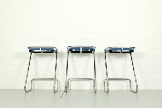 Image 1 of 3x Tabouret de bar en Z en chrome tubulaire, Mid Century, Italie