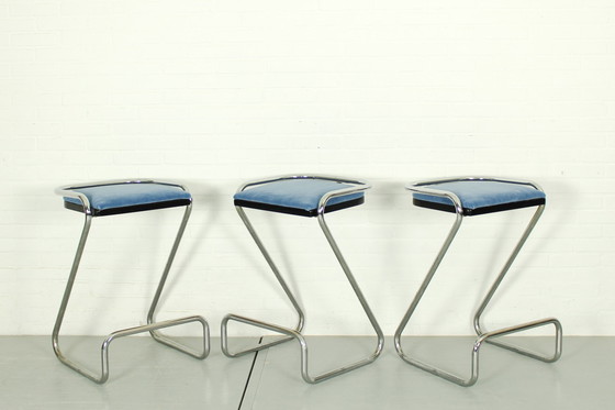 Image 1 of 3x Mid Century Italian Tubular Chrome Z Bar Stool