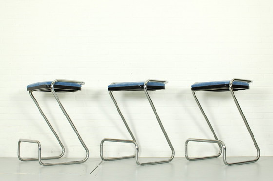 Image 1 of 3x Mid Century Italian Tubular Chrome Z Bar Stool