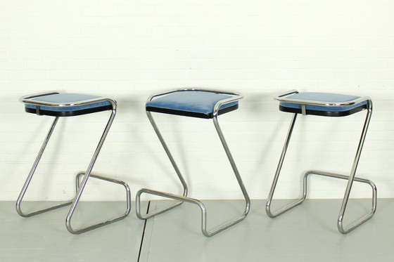 Image 1 of 3x Tabouret de bar en Z en chrome tubulaire, Mid Century, Italie