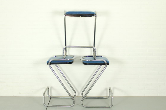 Image 1 of 3x Tabouret de bar en Z en chrome tubulaire, Mid Century, Italie