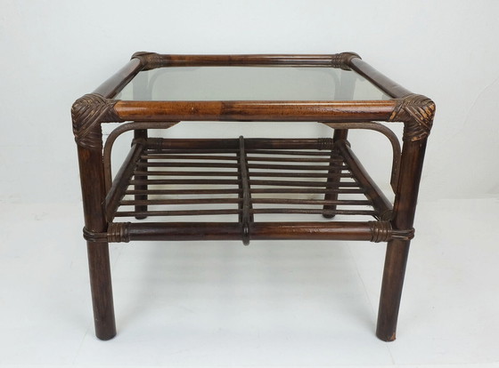 Image 1 of no 2 of 2: 1970s mid century SIDE TABLE coffee table bamboo wicker glass