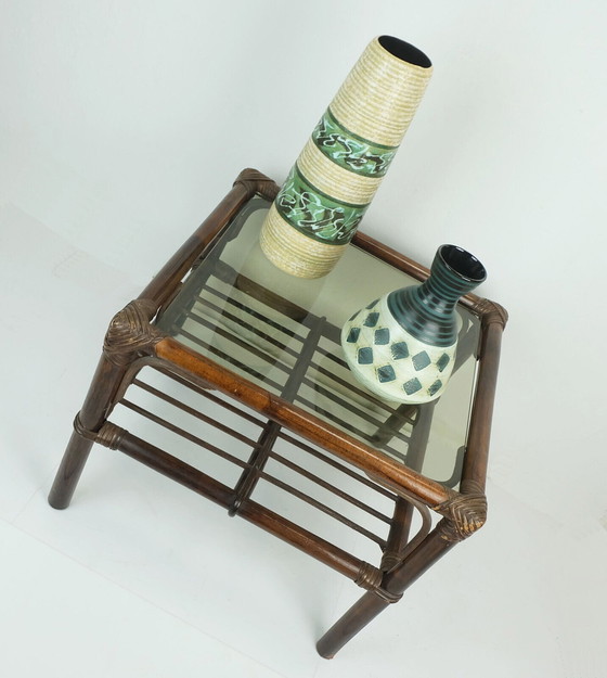 Image 1 of no 2 of 2: 1970s mid century SIDE TABLE coffee table bamboo wicker glass