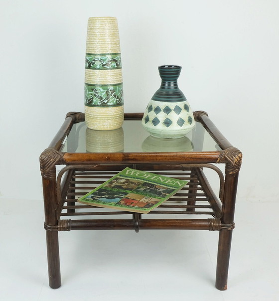 Image 1 of no 2 of 2: 1970s mid century SIDE TABLE coffee table bamboo wicker glass