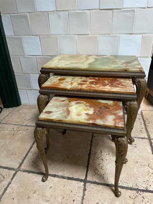 Set of 3 brass onyx side tables