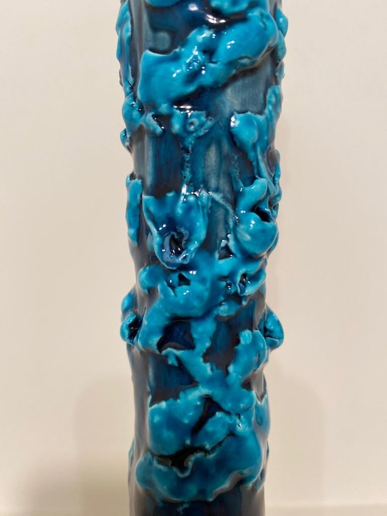 Image 1 of Mid-Century Modern Vallauris France Glazed Blue Ceramic Vase Signed