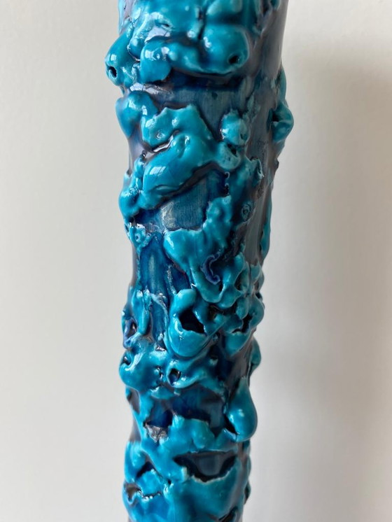 Image 1 of Mid-Century Modern Vallauris France Glazed Blue Ceramic Vase Signed