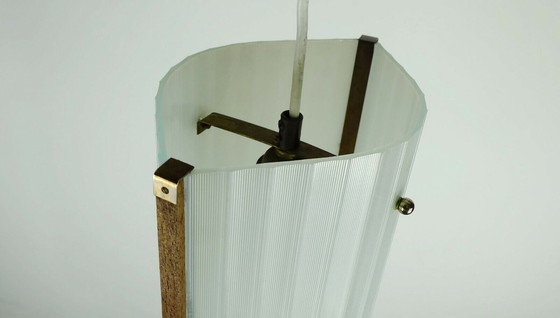 Image 1 of danish modern pendant lamp teak textured glass 1950s