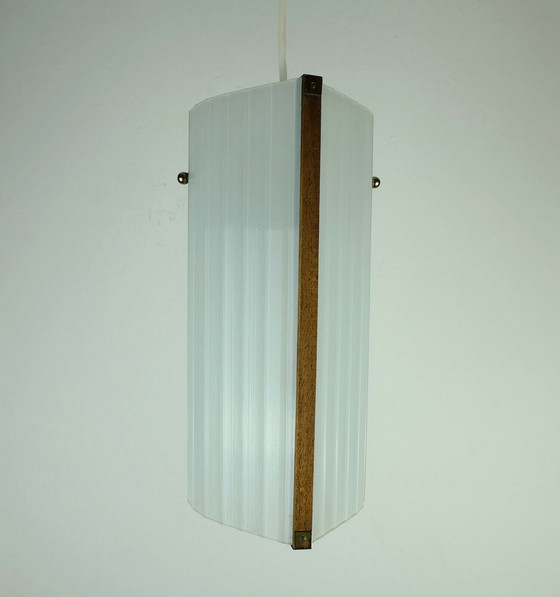 Image 1 of danish modern pendant lamp teak textured glass 1950s