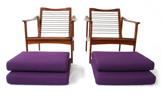 Image 1 of 2x Ib Kofod-Larsen for Selig, Mid Century Danish Teak Lounge Chair / Armchair, new cushions, new cover