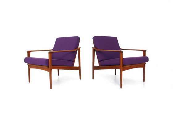 Image 1 of 2x Ib Kofod-Larsen for Selig, Mid Century Danish Teak Lounge Chair / Armchair, new cushions, new cover