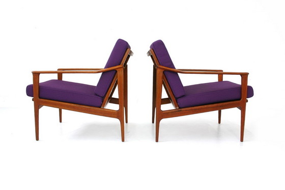 Image 1 of 2x Ib Kofod-Larsen for Selig, Mid Century Danish Teak Lounge Chair / Armchair, new cushions, new cover