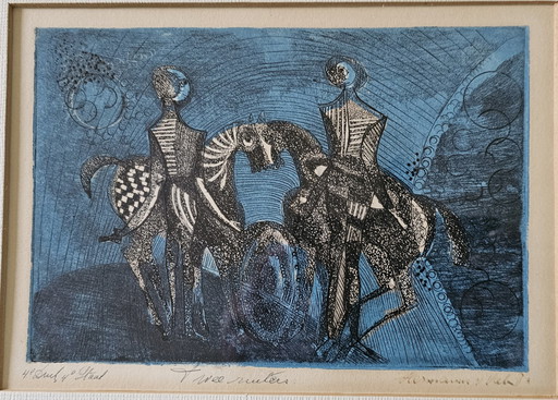 Herman van Valen. Herman van Valen - Etching 'Two Horsemen'