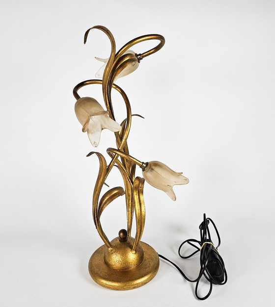 Image 1 of LS Italy - Vintage - gilded brass - Hollywood Regency style - tulips - table lamp - 1980's