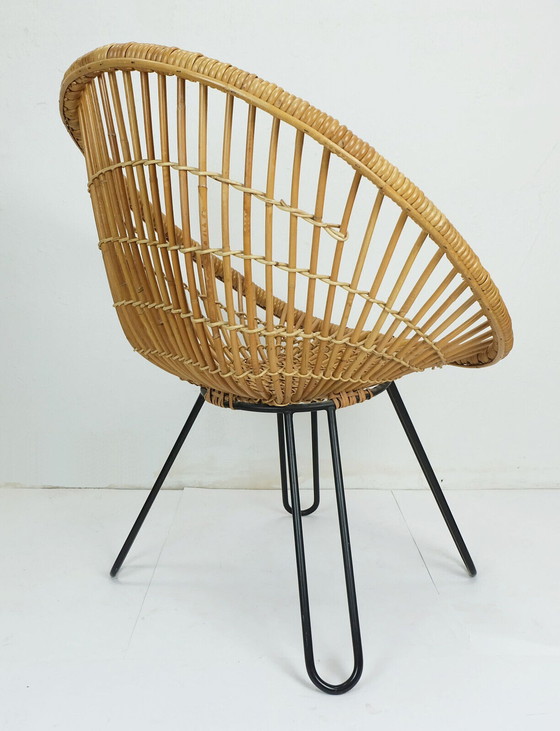 Image 1 of no. 2 of 3 - 1960s mid century armchair bamboo wicker with hairpin legs