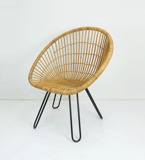 Image 1 of no. 2 of 3 - 1960s mid century armchair bamboo wicker with hairpin legs