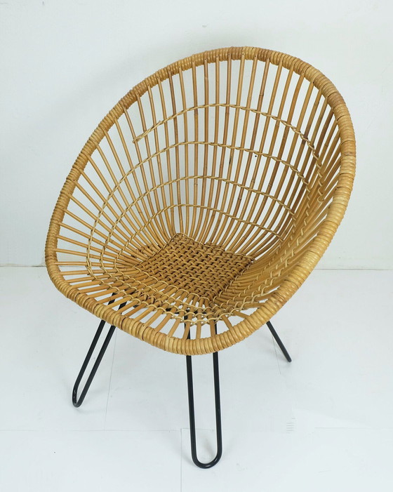 Image 1 of no. 2 of 3 - 1960s mid century armchair bamboo wicker with hairpin legs