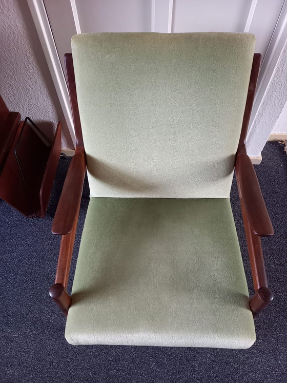Image 1 of Vintage sofa + two armchairs with light green velvet upholstery