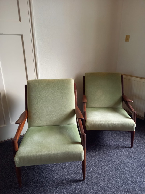 Image 1 of Vintage sofa + two armchairs with light green velvet upholstery