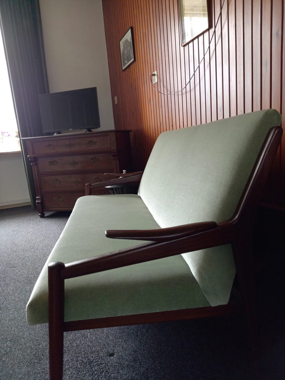 Image 1 of Vintage sofa + two armchairs with light green velvet upholstery