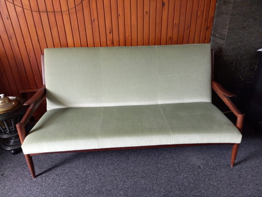 Vintage sofa + two armchairs with light green velvet upholstery