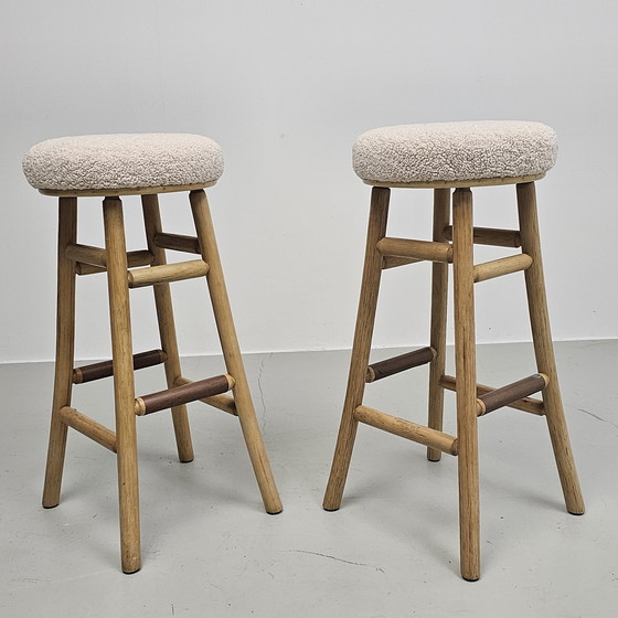 Image 1 of 2 reupholstered vintage palm wood bar stools, teddy boucle