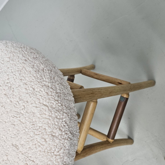 Image 1 of 2 reupholstered vintage palm wood bar stools, teddy boucle