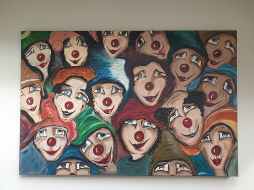 Caroline Van Tricht Rode neuzen schilderij – schilderijen tekeningen, Canvas, Hedendaags
