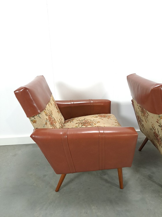 Image 1 of Armchairs with floral upholstery and artificial leather