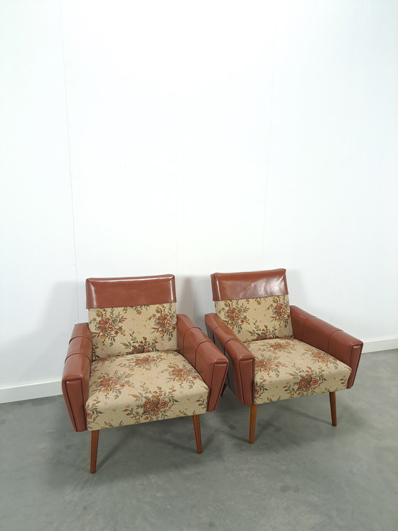 Image 1 of Armchairs with floral upholstery and artificial leather