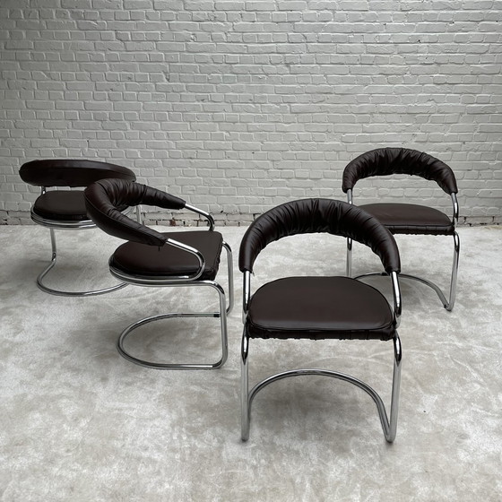 Image 1 of 4x chaises de salle à manger Giotto Stoppino en cuir brun