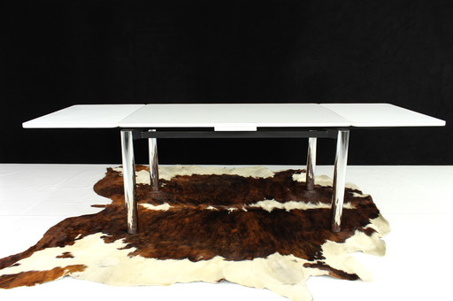 As new, high quality Italian white Dining Desk with chrome, extendable / extendable dining table