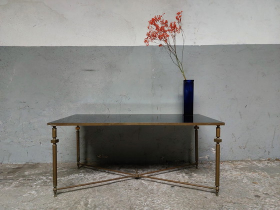 Image 1 of Hollywood regency Brass Coffee Table with Blue Mirror Top