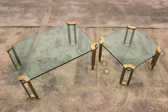 Image 1 of Hollywood Regency Gold Glass coffee table with Glass side table 1970