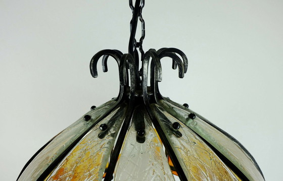 Image 1 of Brutalist hanglamp wrought iron glass 60s 70s