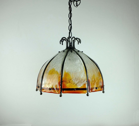 Image 1 of Brutalist hanglamp wrought iron glass 60s 70s