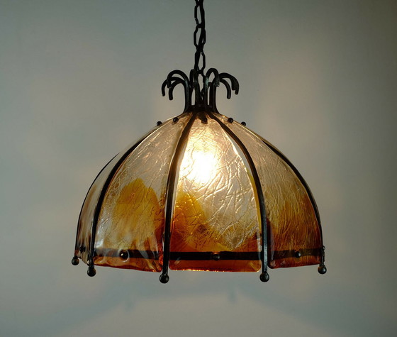 Image 1 of Brutalist hanglamp wrought iron glass 60s 70s